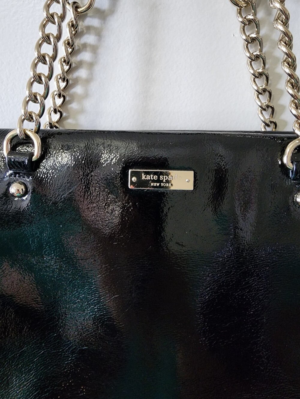 Kate Spade New York Black Patent Leather Chain Shoulder Bag Tote - Picture 2 of 14